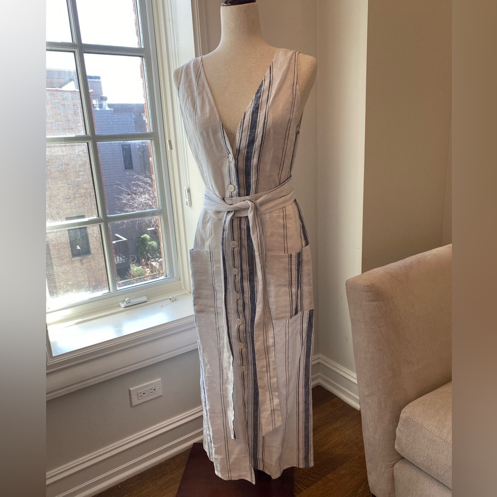 Reformation Linen Navy and Cream Vertical Stripe Midi Dress